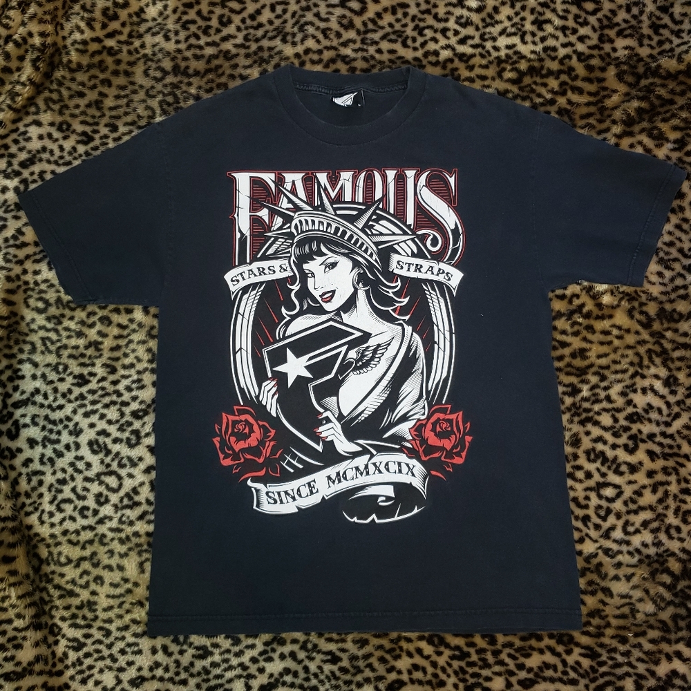 VTG Famous Stars & Straps Men's L Black S/S Tee Shirt STATUE OF LIBERTY Y2K